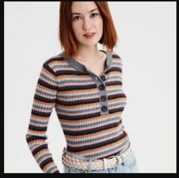 American Eagle Multicolored Striped Long-Sleeved Henley - Picture 2 of 10